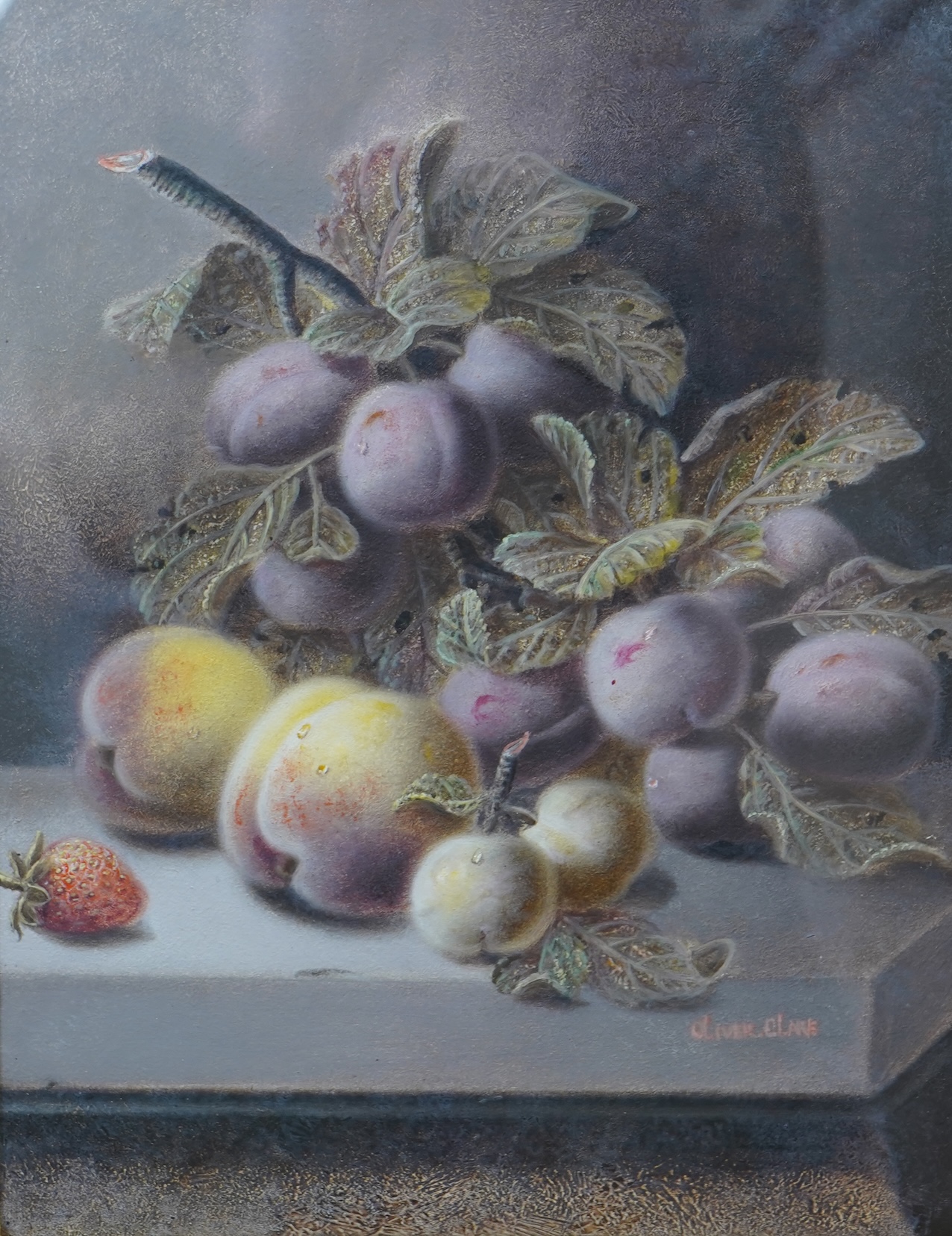 Oliver Clare (1853-1927), Still life of plums, signed, oil, ornate gilt frame, 29 x 23cm